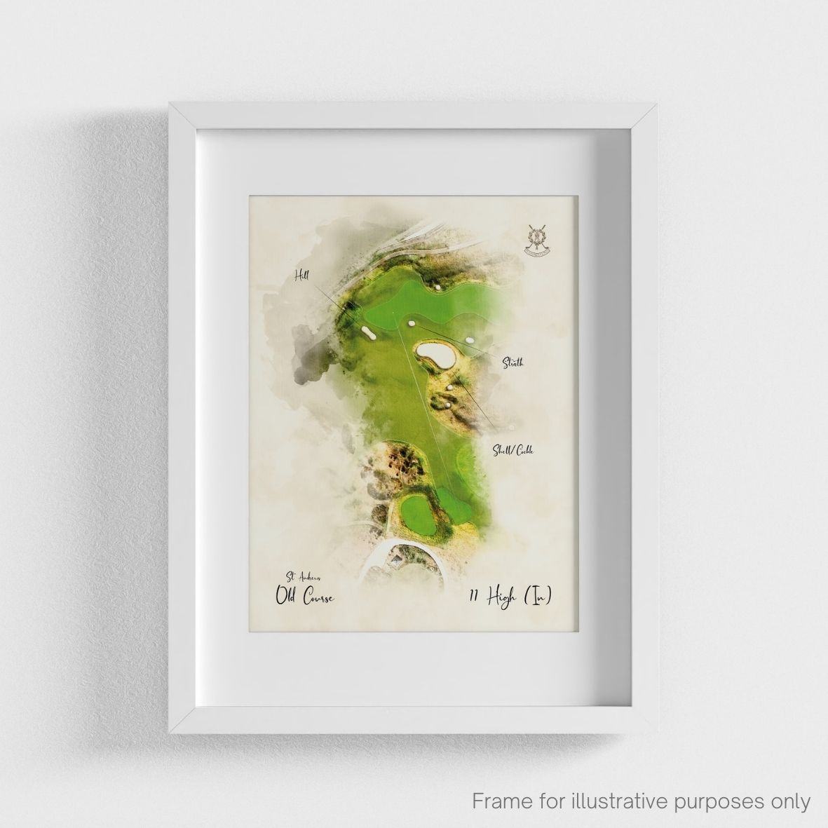 St Andrews Hole 11 WaterMap Print shown in a white frame