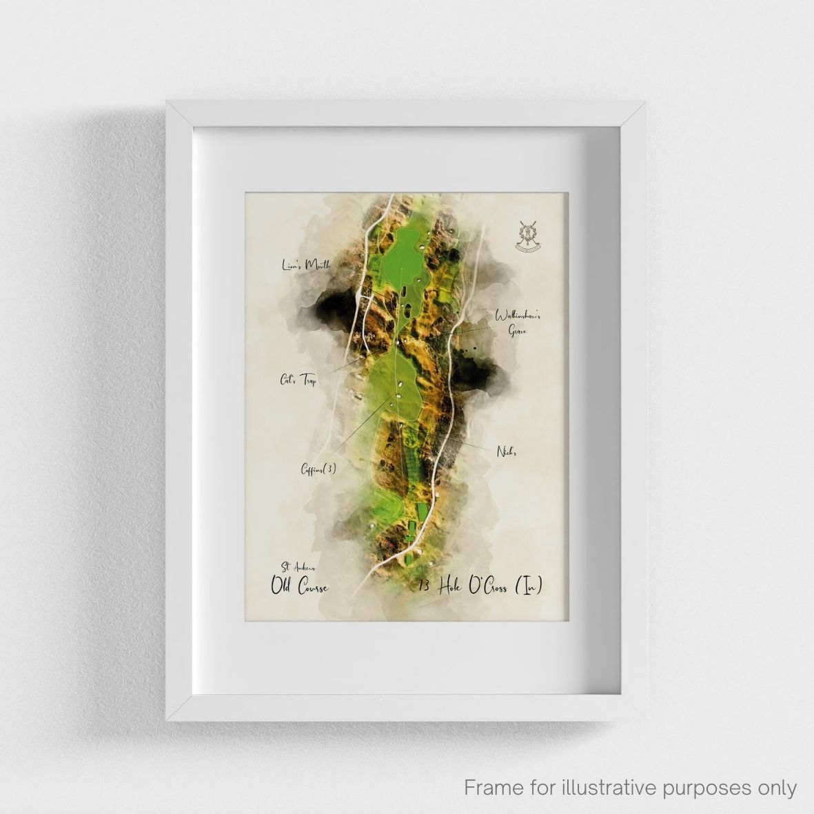 St Andrews Hole 13 WaterMap Print shown in a white frame