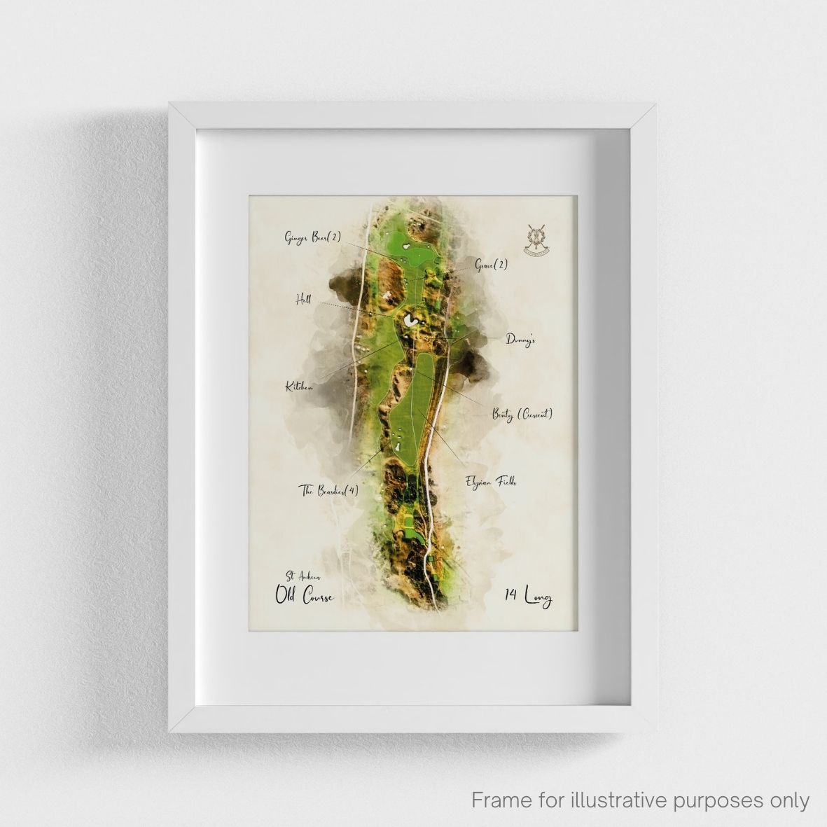 St Andrews Hole 14 WaterMap Print shown in a white frame