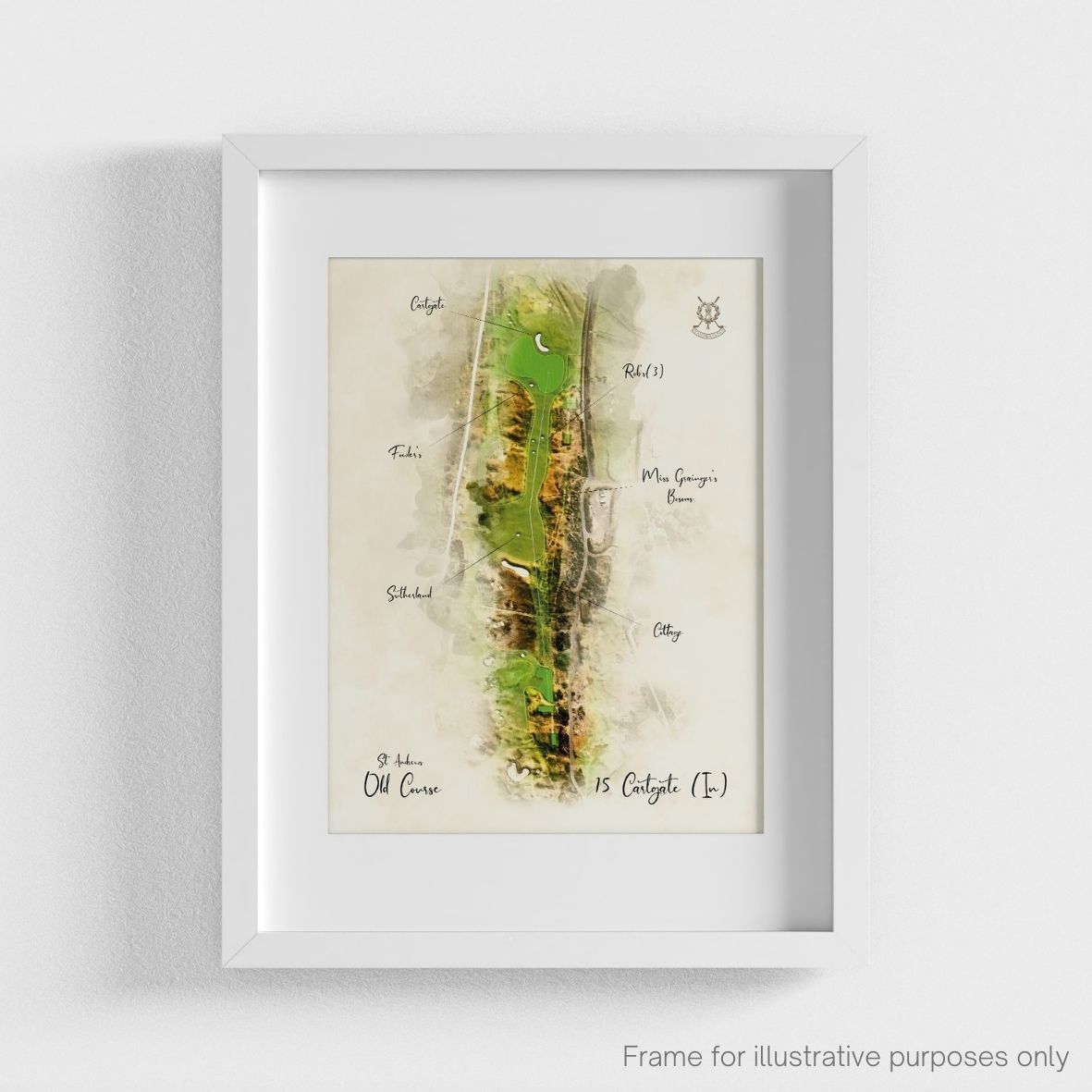 St Andrews Hole 15 WaterMap Print shown in a white frame